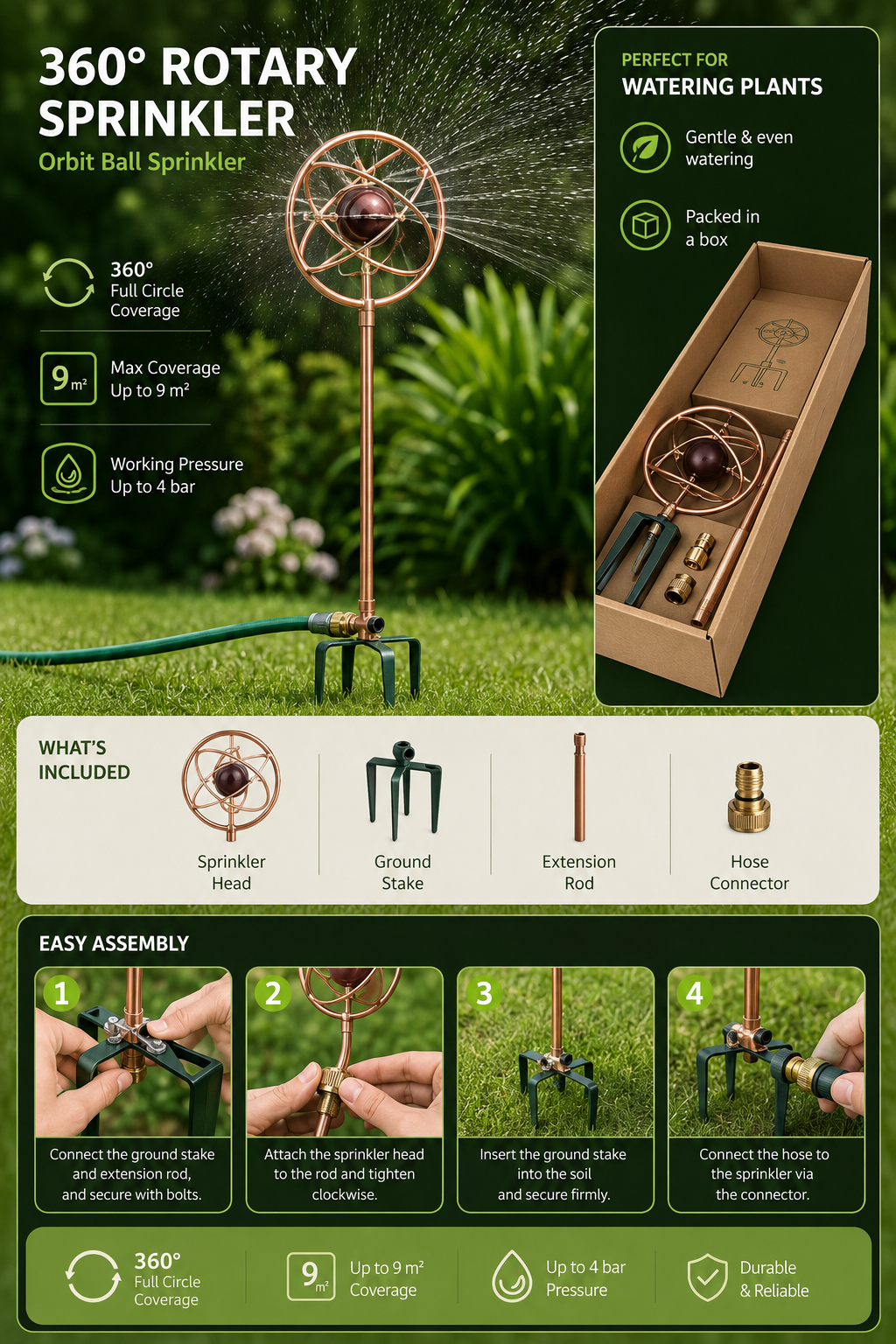 Heavy-Duty 41" Tall Metal Rotary Lawn Sprinkler with Step Spike