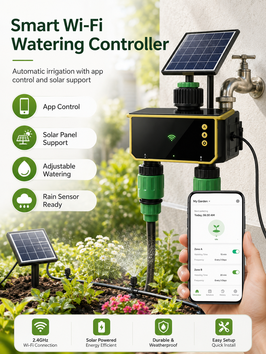 Smart Dual-Outlet Solar Powered Water Timer with App Control