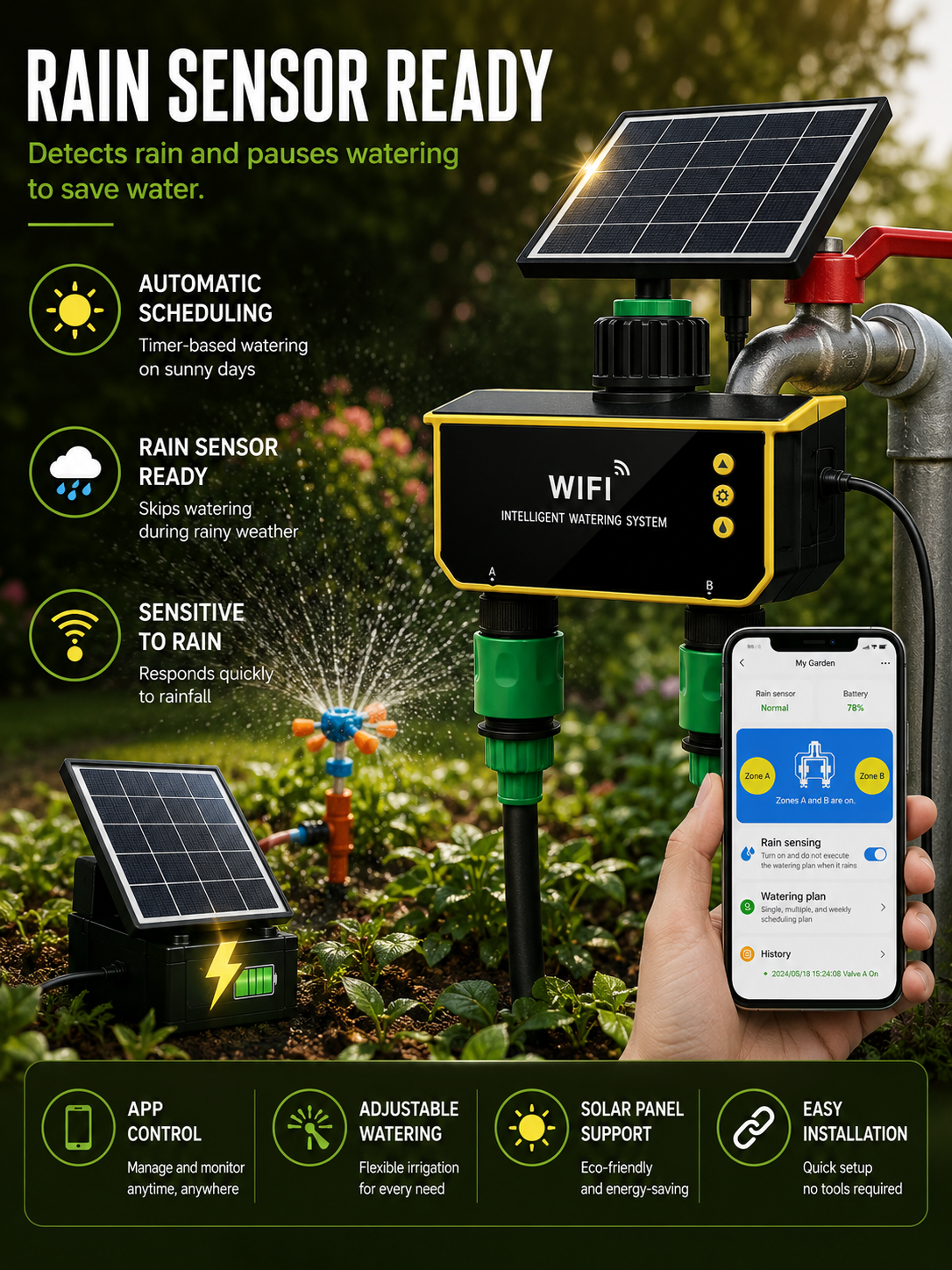 Smart Dual-Outlet Solar Powered Water Timer with App Control