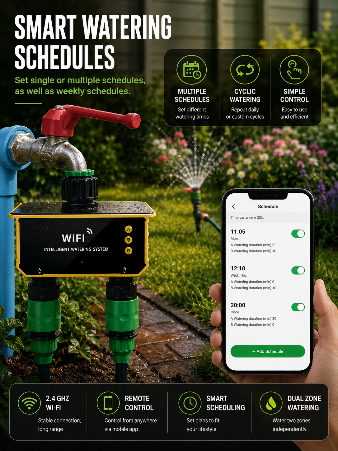 Smart Dual-Outlet Solar Powered Water Timer with App Control