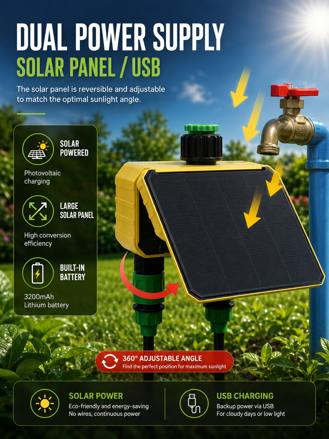 Smart Dual-Outlet Solar Powered Water Timer with App Control