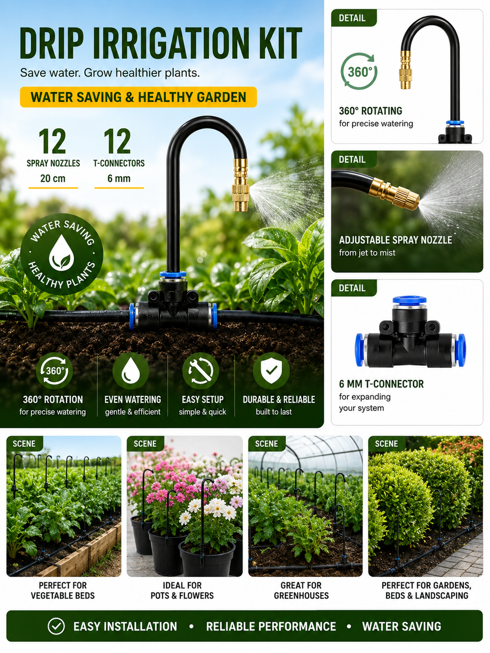 12-Plant Micro Drip Irrigation Kit with Adjustable Emitters