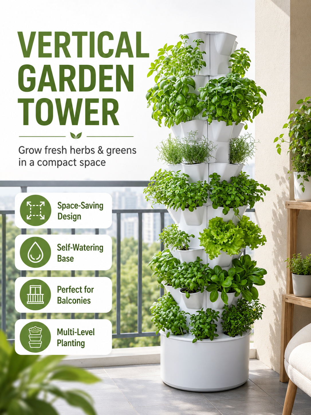 Multi-Level Vertical Garden Tower with Self-Watering Base