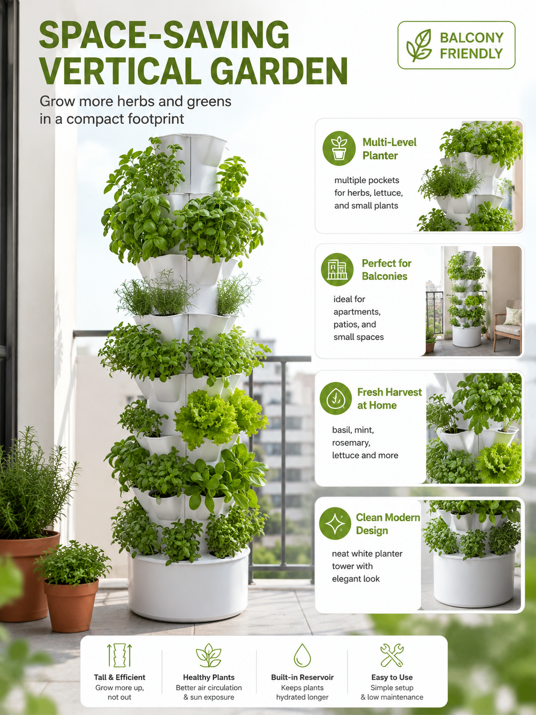 Multi-Level Vertical Garden Tower with Self-Watering Base