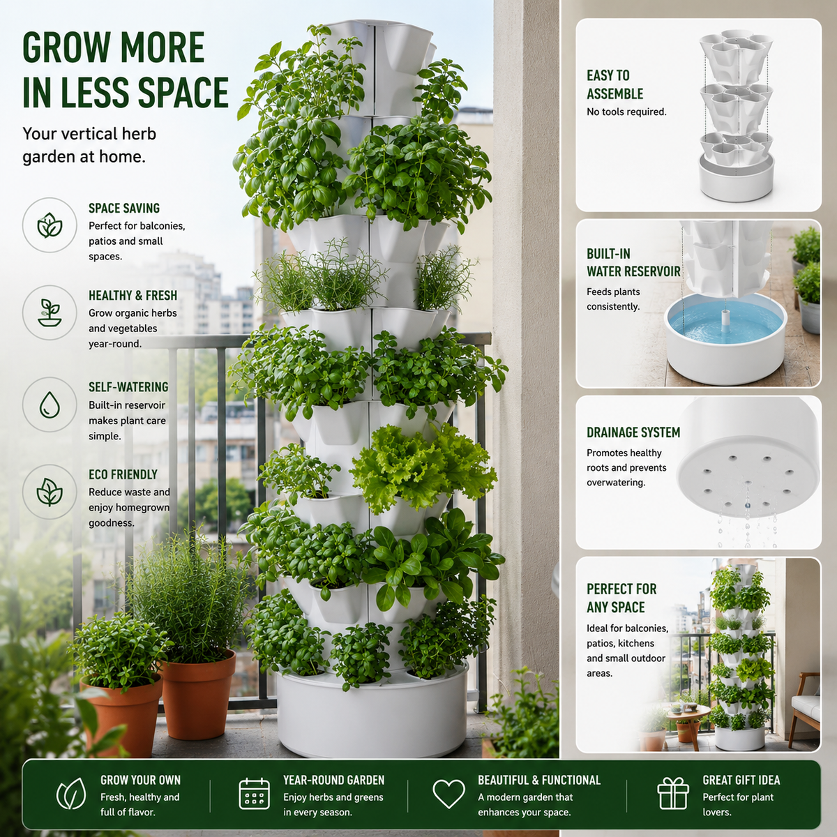 Multi-Level Vertical Garden Tower with Self-Watering Base