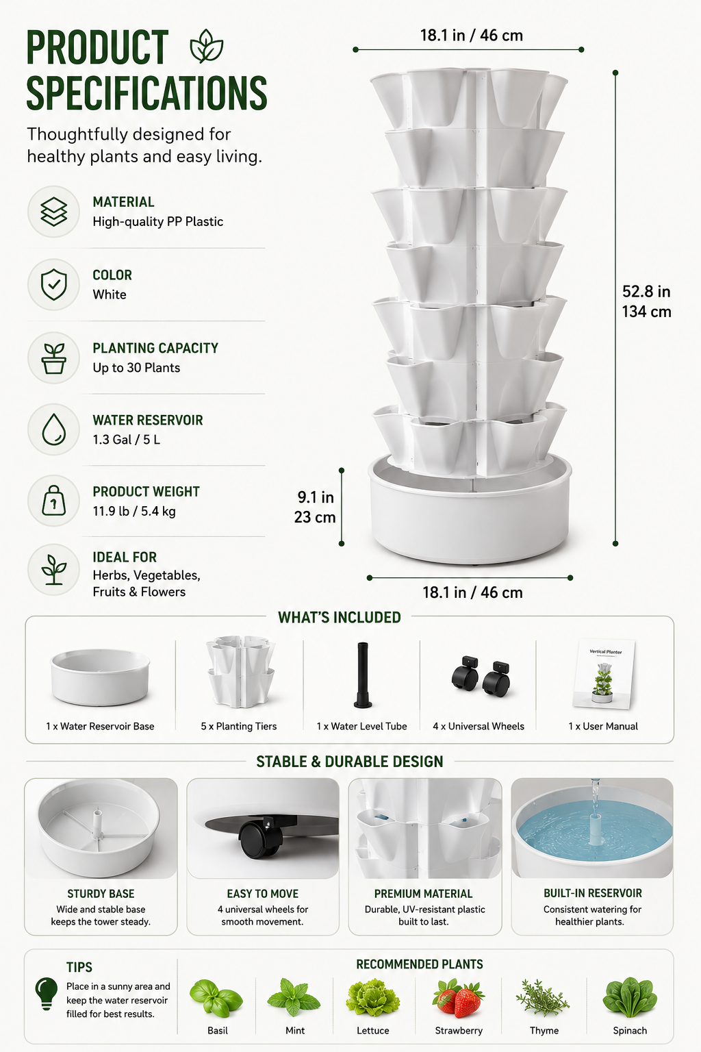 Multi-Level Vertical Garden Tower with Self-Watering Base