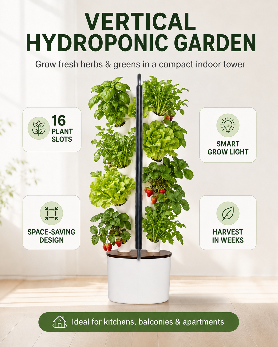 16-Slot Vertical Indoor Hydroponic Garden Tower with Smart LED Grow Light