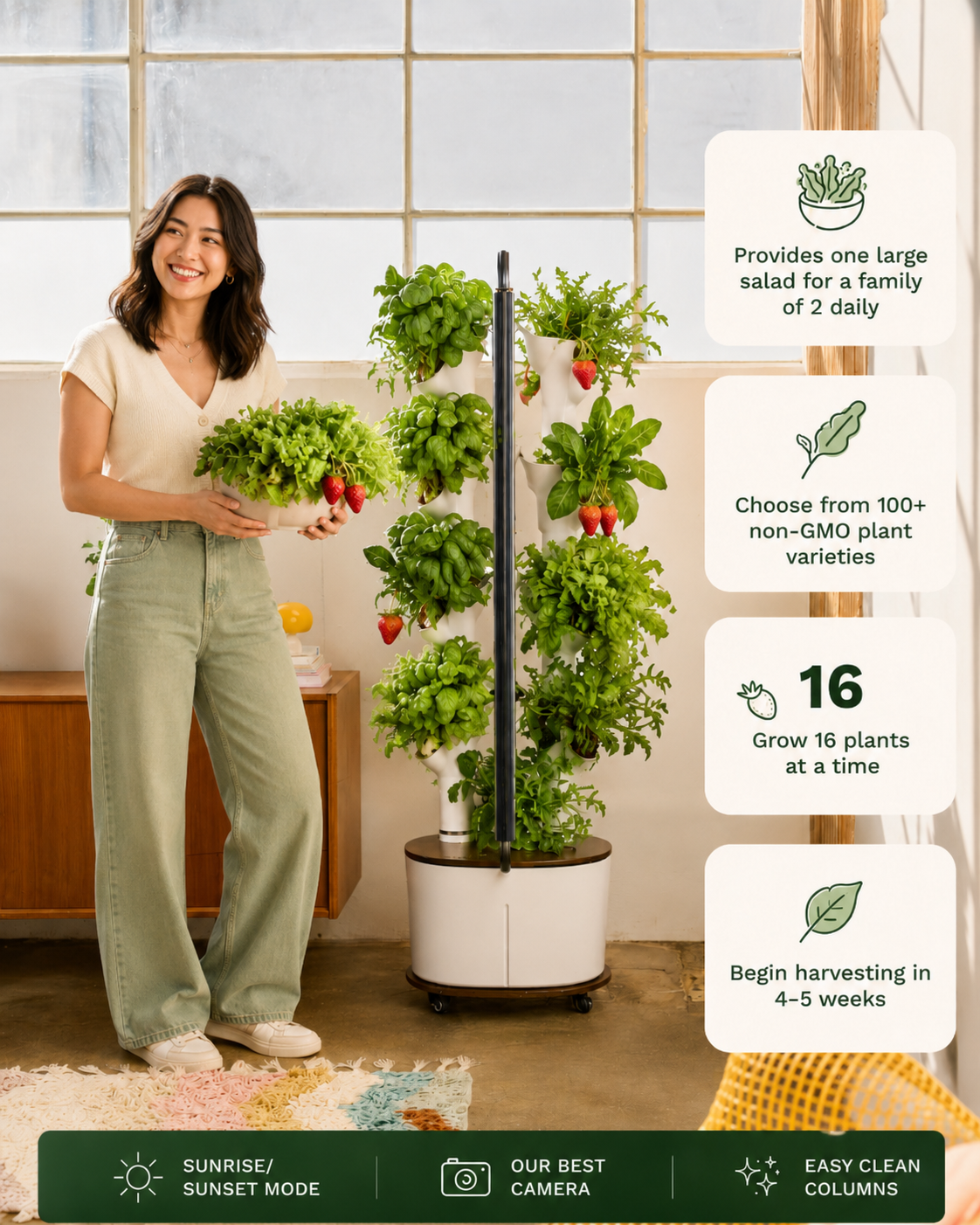 16-Slot Vertical Indoor Hydroponic Garden Tower with Smart LED Grow Light