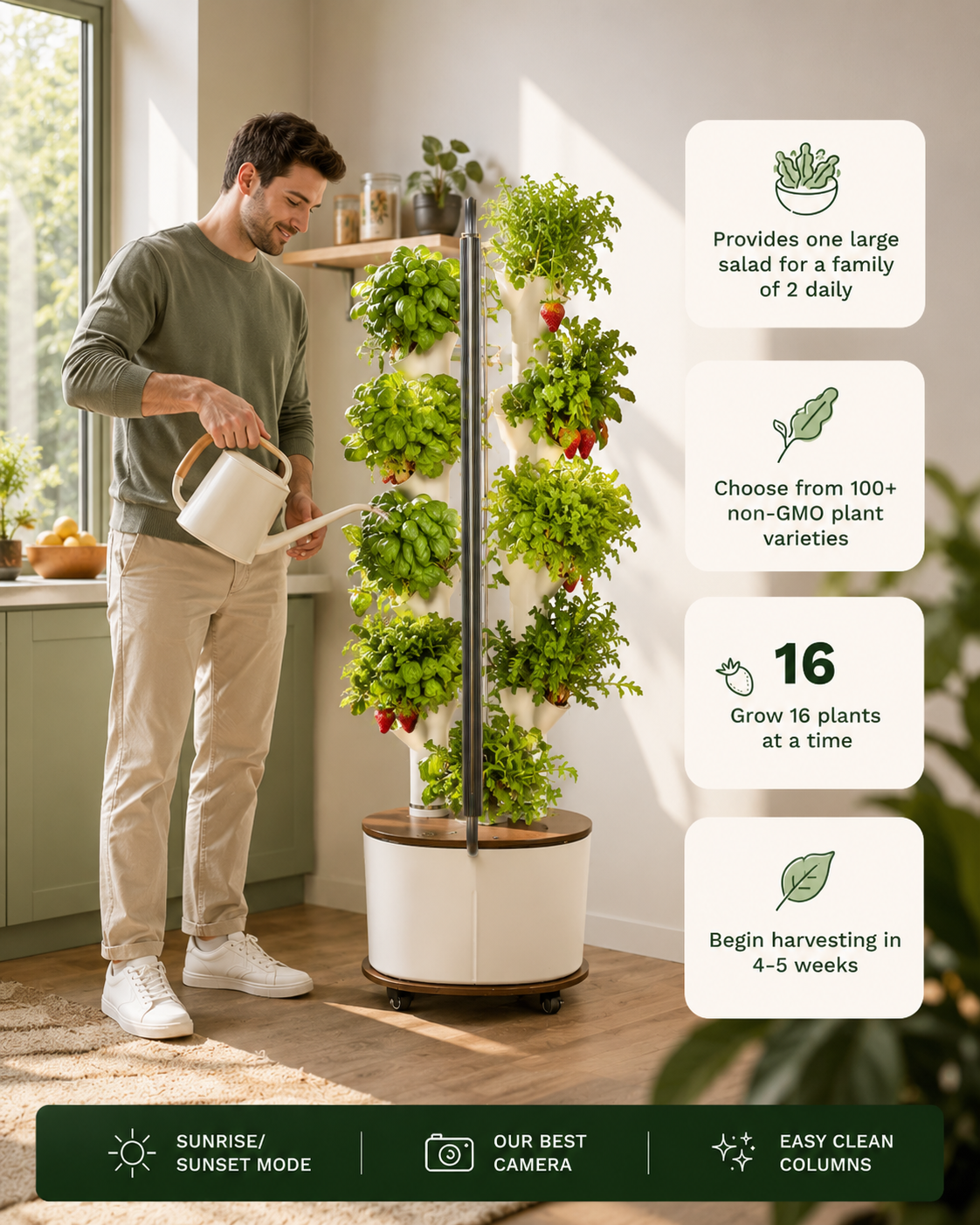 16-Slot Vertical Indoor Hydroponic Garden Tower with Smart LED Grow Light