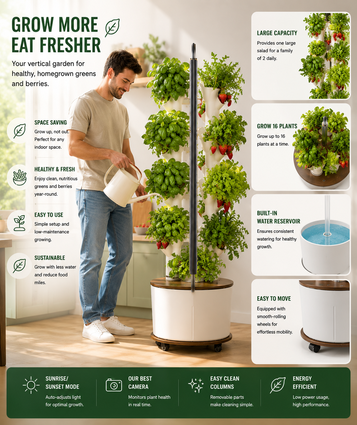 16-Slot Vertical Indoor Hydroponic Garden Tower with Smart LED Grow Light
