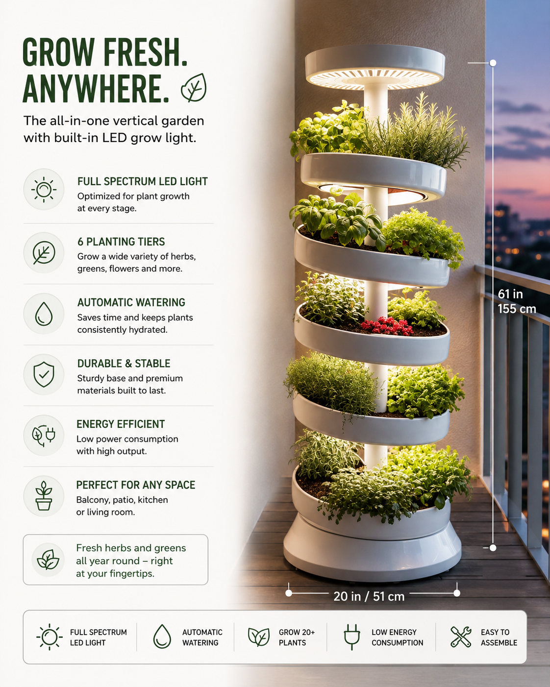 6-Tier Vertical Smart Garden Indoor Hydroponic System with LED Grow Light