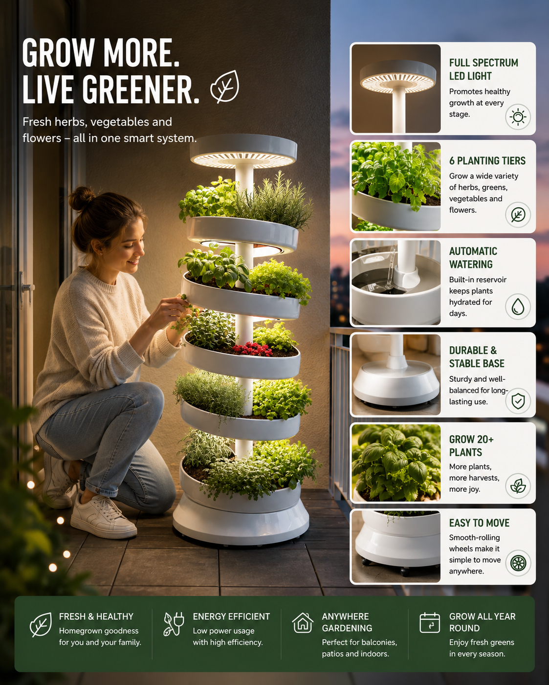 6-Tier Vertical Smart Garden Indoor Hydroponic System with LED Grow Light