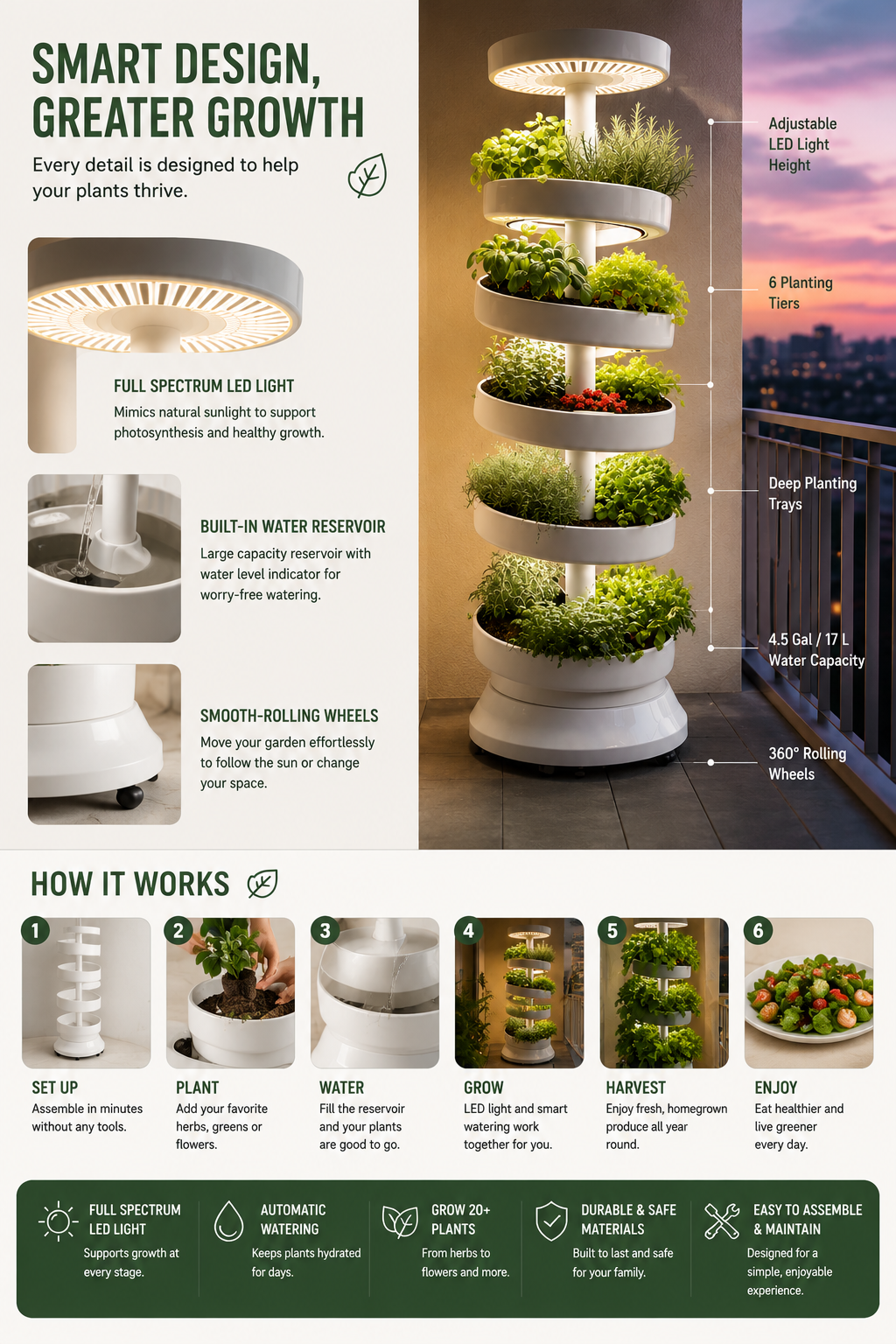 6-Tier Vertical Smart Garden Indoor Hydroponic System with LED Grow Light