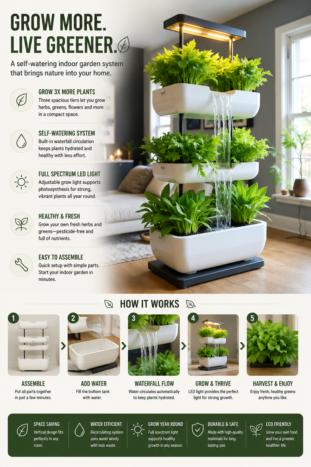 Multi-Tier Self-Watering Indoor Garden System with LED Grow Light