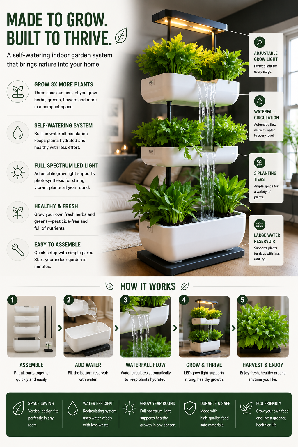 Multi-Tier Self-Watering Indoor Garden System with LED Grow Light