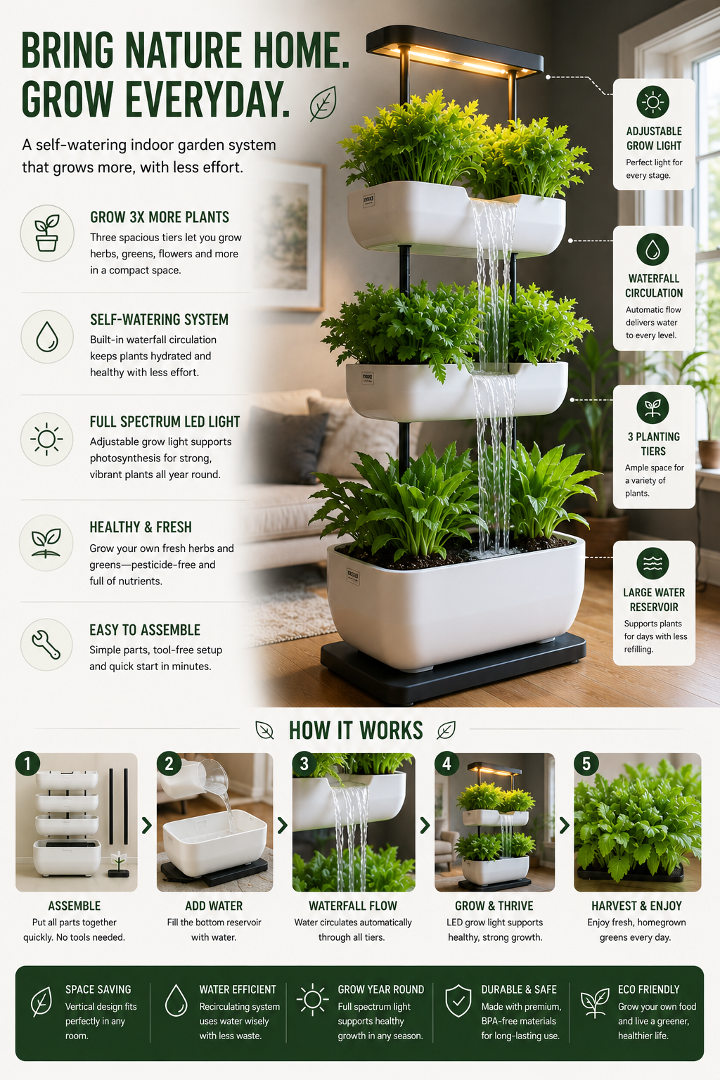 Multi-Tier Self-Watering Indoor Garden System with LED Grow Light