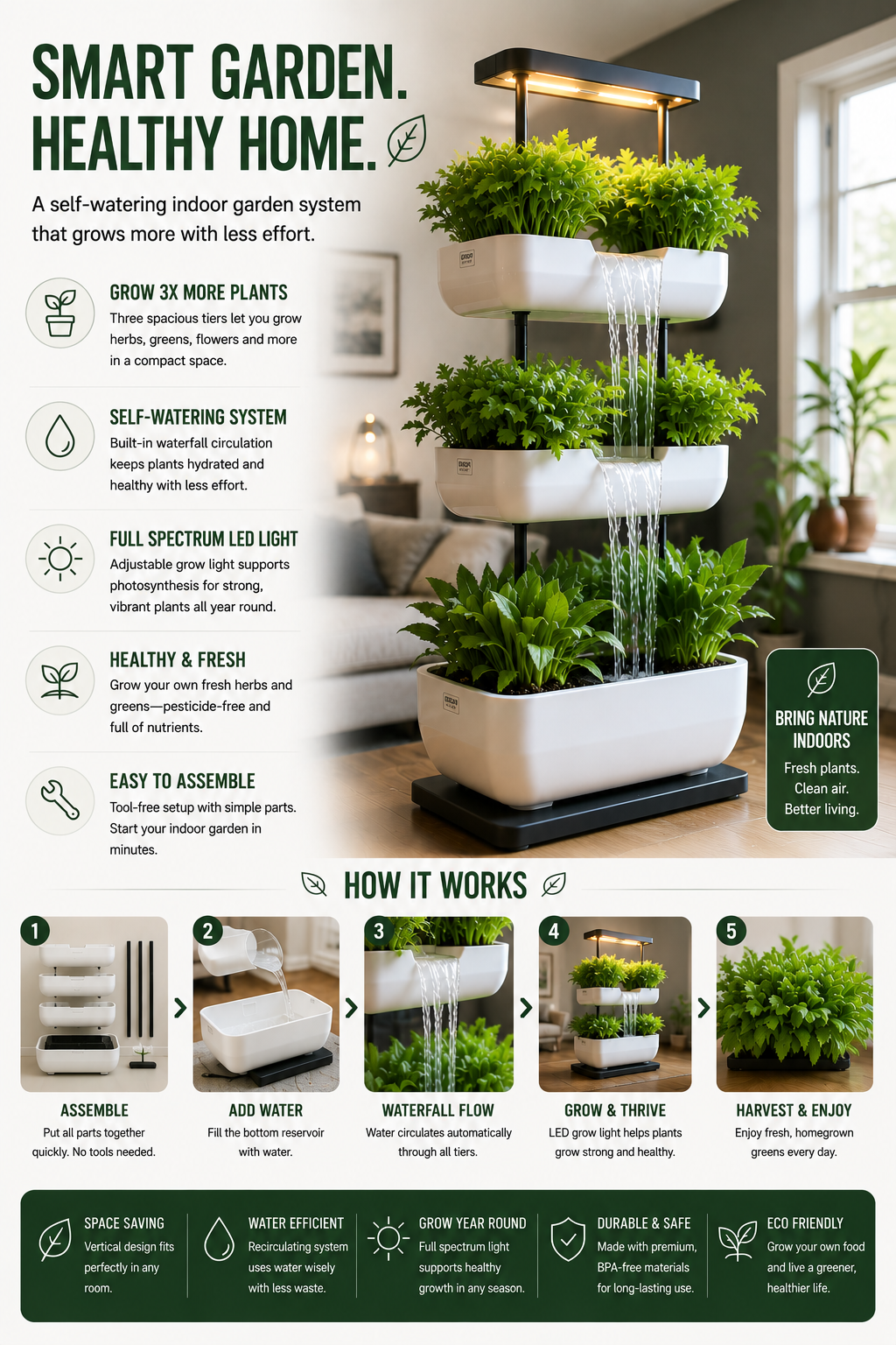 Multi-Tier Self-Watering Indoor Garden System with LED Grow Light